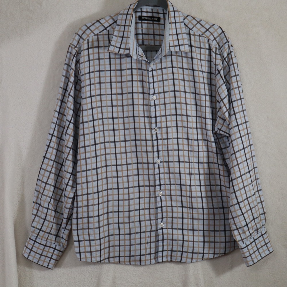 Report Collection Mens Plaid Stripe Button Down Shirt L Blue/Brown Check Pattern